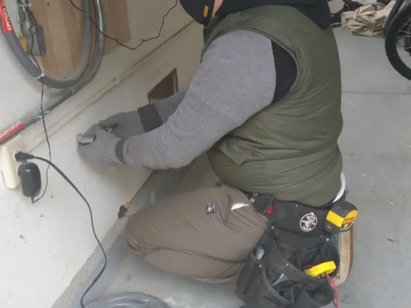 Electrician performing outlet wiring in a Jensen Beach garage